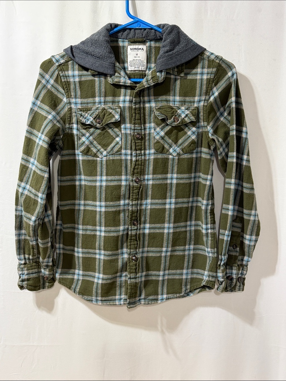Sonoma Olive & Light Blue Plaid Hooded Button-Down Shirt
